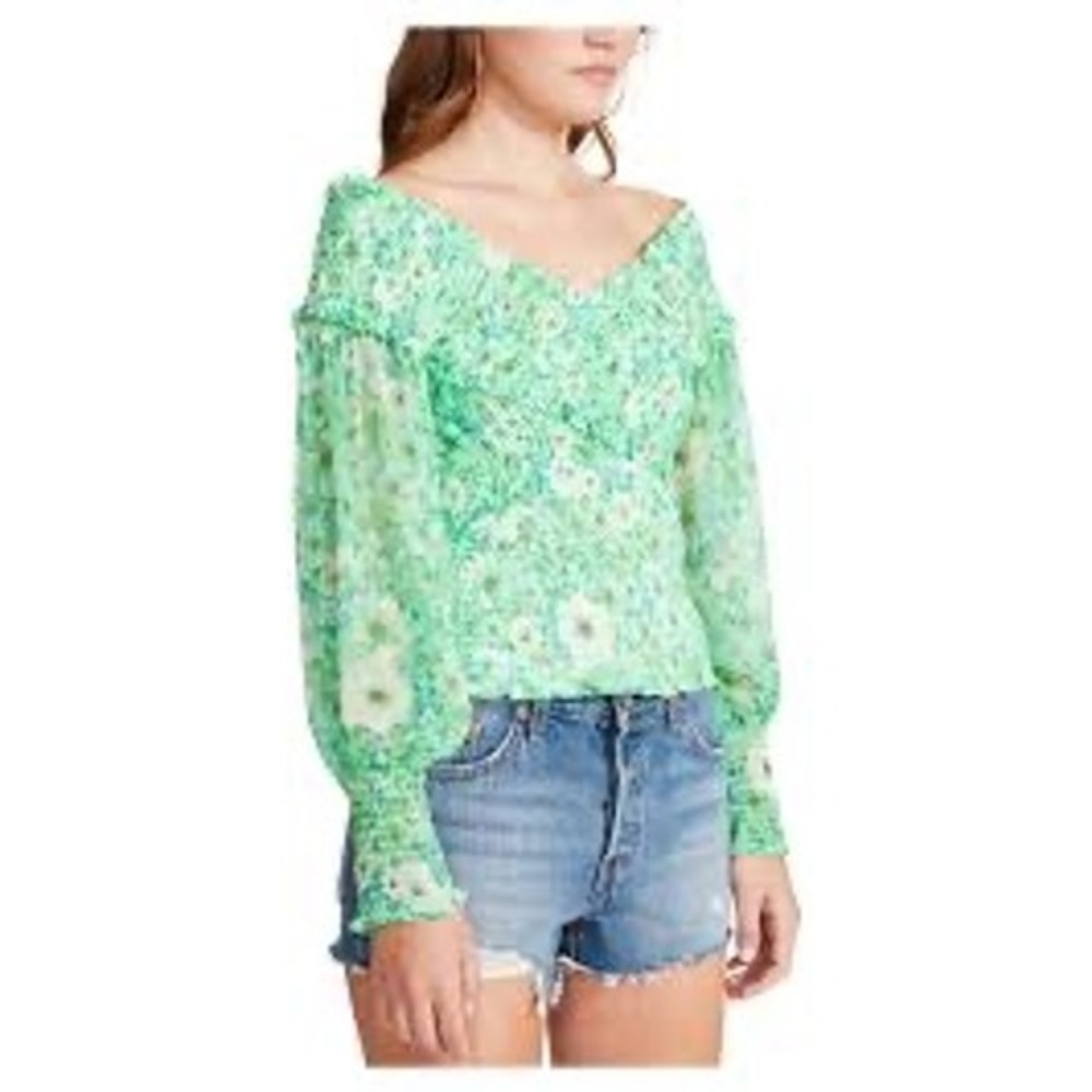 BB Dakota x Steve Madden Green Floral Smocked Blouse S | Off-Shoulder NWOTā